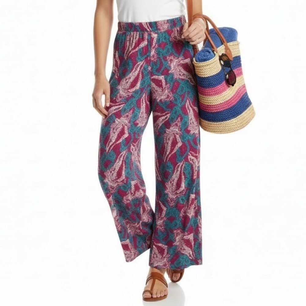 Tracy Negoshian Wide Leg High Waist Pink Teal Beach Palazzo Pants Small Like New